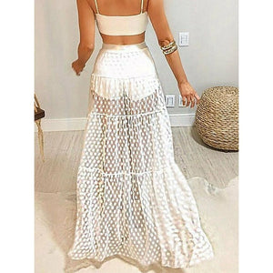 Women High Waist Sheer Retro Polka Dot Long Skirts Summer Beach Sundress