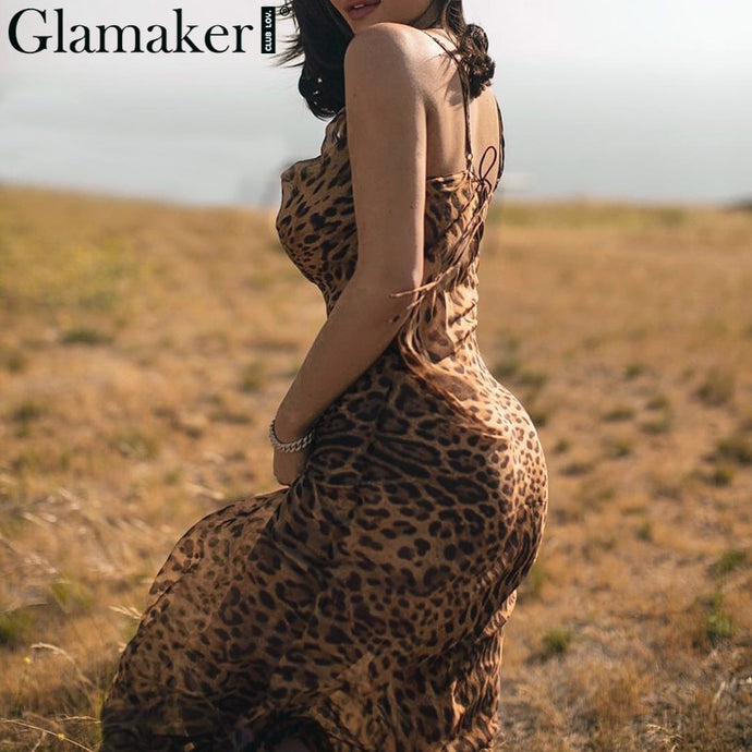 Glamaker Leopard print sexy maxi bodycon dress Women summer chiffon beach sundress Elegant vintage female club long party dress
