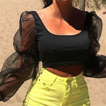 Load image into Gallery viewer, Sexy Mesh See Through Perspective Lantern Long Sleeve Crop Tops 2019 Autumn Women Backless Patchwork Slim U-Neck T-Shirt Tees