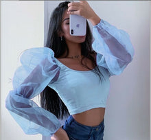 Load image into Gallery viewer, Sexy Mesh See Through Perspective Lantern Long Sleeve Crop Tops 2019 Autumn Women Backless Patchwork Slim U-Neck T-Shirt Tees