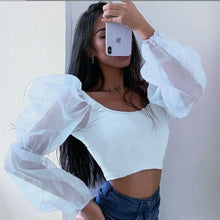 Load image into Gallery viewer, Sexy Mesh See Through Perspective Lantern Long Sleeve Crop Tops 2019 Autumn Women Backless Patchwork Slim U-Neck T-Shirt Tees