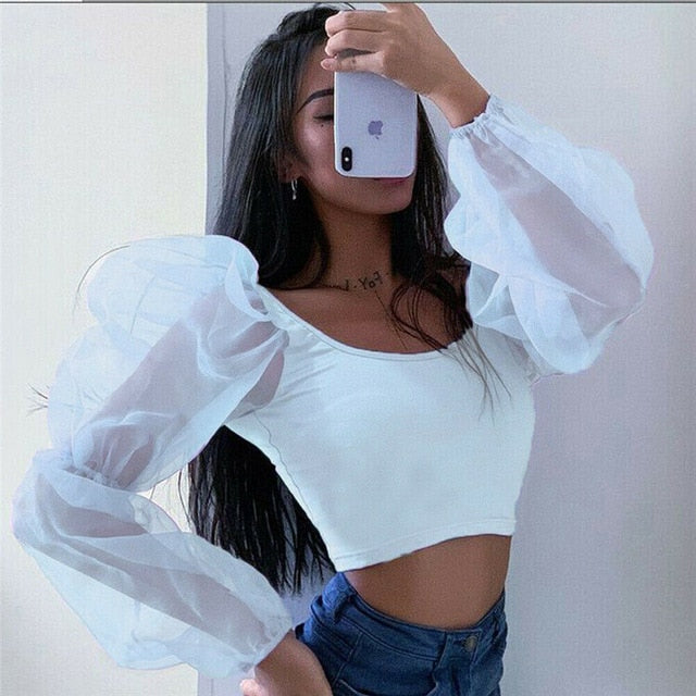 Sexy Mesh See Through Perspective Lantern Long Sleeve Crop Tops 2019 Autumn Women Backless Patchwork Slim U-Neck T-Shirt Tees