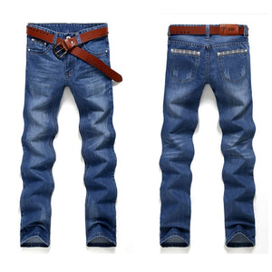 Fashion European American Style Stretch Men Jeans Luxury Men's Denim Trousers Slim Straight Deep blue Gentleman Mens#G50