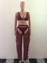 Load image into Gallery viewer, 3 Piece Bra Top Thongs Pearls Ruffle Sheer Mesh Pants Bikini And Trousers Suit 3 Colors