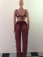 Load image into Gallery viewer, 3 Piece Bra Top Thongs Pearls Ruffle Sheer Mesh Pants Bikini And Trousers Suit 3 Colors