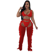 Load image into Gallery viewer, 3 Piece Bra Top Thongs Pearls Ruffle Sheer Mesh Pants Bikini And Trousers Suit 3 Colors