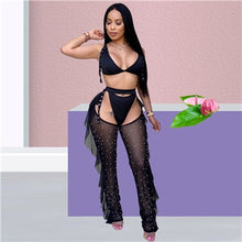 Load image into Gallery viewer, 3 Piece Bra Top Thongs Pearls Ruffle Sheer Mesh Pants Bikini And Trousers Suit 3 Colors