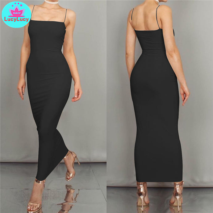 European and American women's summer new sexy slim tight solid color long dress Sleeveless  Sheath  Cotton