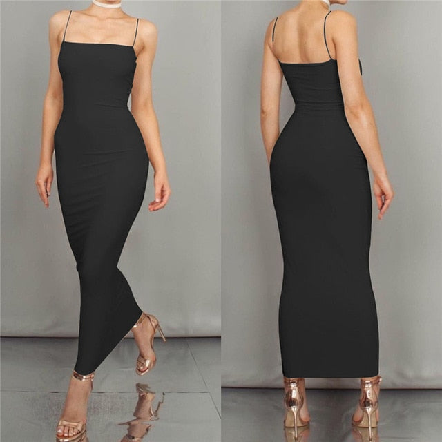 European and American women's summer new sexy slim tight solid color long dress Sleeveless  Sheath  Cotton