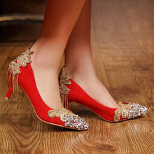 Load image into Gallery viewer, Wedding Shoes Red Color Chinese National Palace Tetro Style Rhinestone Tassel Gold Lace Flower Whole Sale Female Bride Pumps