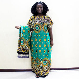 Leopard Print Cotton Casual Long Dress Women Autumn Round Neck African Dashiki Clothes With Scarf