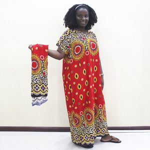 Leopard Print Cotton Casual Long Dress Women Autumn Round Neck African Dashiki Clothes With Scarf