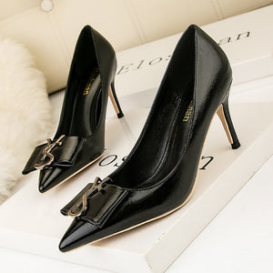 Metal Buckle Show Thin Women's Sandals Solid Patent Leather Pointed Toe Fashion Brand High Heels Shoes