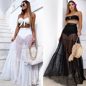 White Black Women Sexy Skirt High Waist Dot Skirts Summer Transparent Long Maxi Party Skirt With Waist Elastic