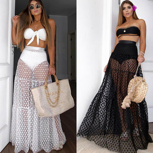 White Black Women Sexy Skirt High Waist Dot Skirts Summer Transparent Long Maxi Party Skirt With Waist Elastic