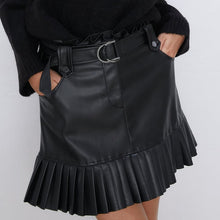 Load image into Gallery viewer, Ruffle high waist skirt mini sexy short skirts black Sash skirt elegant leather skirts women faux leather skirt with pockets