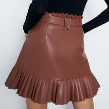 Load image into Gallery viewer, Ruffle high waist skirt mini sexy short skirts black Sash skirt elegant leather skirts women faux leather skirt with pockets