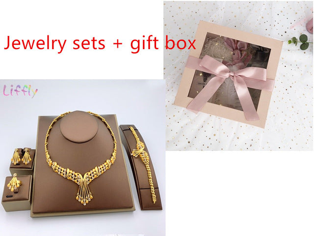 Liffly African Dubai Gold Bridal jewelry sets for Women Bracelet Earrings indian Wedding Party Crystal Ring Jewelry Sets