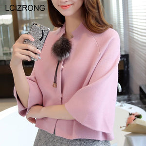 Short Cloak Knitted Batwing Cardigans Half Sleeve Mandarin Collar Coat for Women