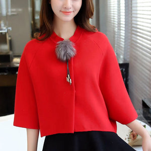 Short Cloak Knitted Batwing Cardigans Half Sleeve Mandarin Collar Coat for Women