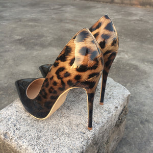 Veowalk Fashion Women Leopard Patent Leather Pumps Pointed Toe 8-12cm Stiletto Ultra High Heel Sexy Ladies Party Shoes Size34-43