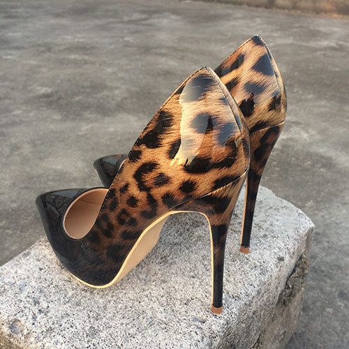 Veowalk Fashion Women Leopard Patent Leather Pumps Pointed Toe 8-12cm Stiletto Ultra High Heel Sexy Ladies Party Shoes Size34-43