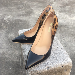 Veowalk Fashion Women Leopard Patent Leather Pumps Pointed Toe 8-12cm Stiletto Ultra High Heel Sexy Ladies Party Shoes Size34-43