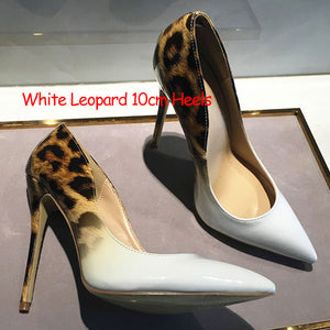 Veowalk Fashion Women Leopard Patent Leather Pumps Pointed Toe 8-12cm Stiletto Ultra High Heel Sexy Ladies Party Shoes Size34-43