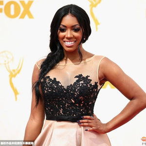 Amazing Black Lace Champagne Satin Celebrity Dresses High Low Porsha William Red Carpet Dresses 67th Emmy Awards Party Dresses