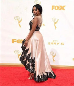 Amazing Black Lace Champagne Satin Celebrity Dresses High Low Porsha William Red Carpet Dresses 67th Emmy Awards Party Dresses