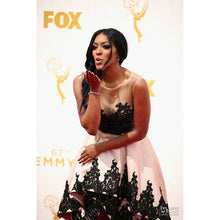 Load image into Gallery viewer, Amazing Black Lace Champagne Satin Celebrity Dresses High Low Porsha William Red Carpet Dresses 67th Emmy Awards Party Dresses