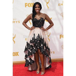 Amazing Black Lace Champagne Satin Celebrity Dresses High Low Porsha William Red Carpet Dresses 67th Emmy Awards Party Dresses