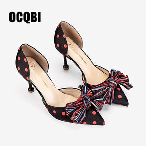 Girls' Cotton Fabric Sandals High Heels Women Bow knot Polka Dots Summer Sexy Stiletto High Heels Shoes