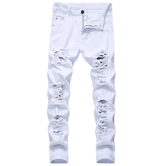 Distressed jeans men denim trousers men jeans fashion designer brand white jean male