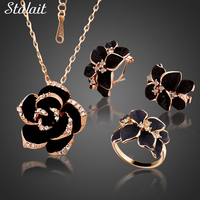 Rose Gold Flower Enamel Black Painting Jewelry Set for Women Beautiful