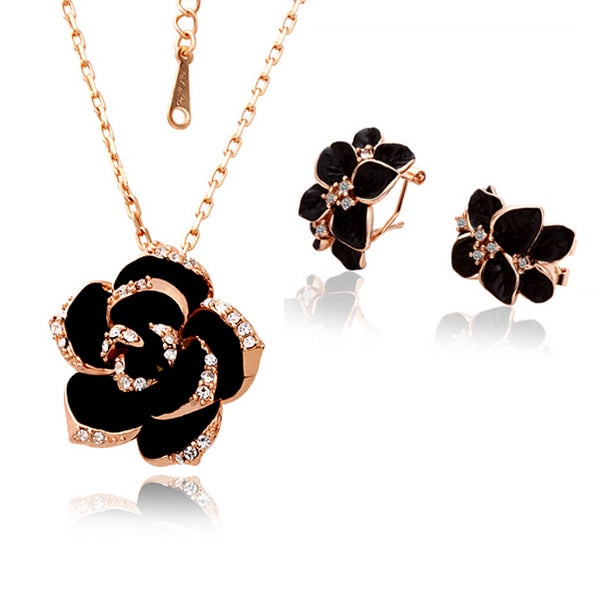 Rose Gold Flower Enamel Black Painting Jewelry Set for Women Beautiful