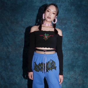 ALLNeon Gothic Off Shoulder T-shirts Solid Embroidery Front Long Sleeve Ruffle Hem Crop Tops Fashion Spring E girl Tees Punk