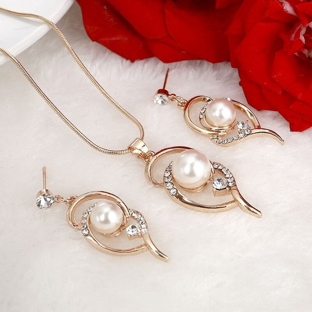 Simulated Pearl Jewelry Sets Leaf Crystal Gold  Silver Color Necklaces Earrings Sets Women