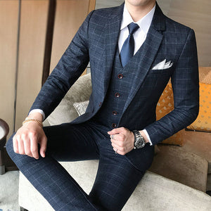 Luxury Men Suit 3 Piece Set Fashion Boutique Lattice Groom Wedding Dress Men's Tuxedo Men Banquet Club Dress