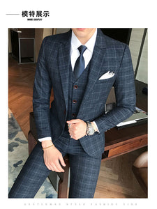 Luxury Men Suit 3 Piece Set Fashion Boutique Lattice Groom Wedding Dress Men's Tuxedo Men Banquet Club Dress