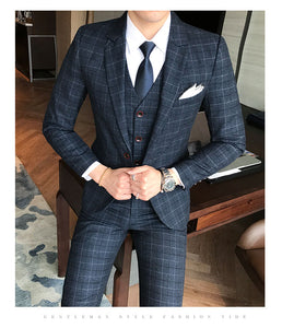 Luxury Men Suit 3 Piece Set Fashion Boutique Lattice Groom Wedding Dress Men's Tuxedo Men Banquet Club Dress