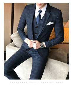 Luxury Men Suit 3 Piece Set Fashion Boutique Lattice Groom Wedding Dress Men's Tuxedo Men Banquet Club Dress