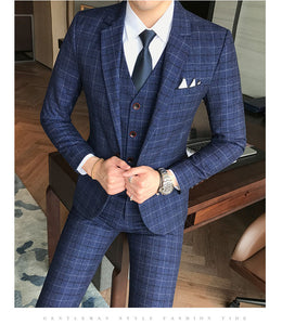 Luxury Men Suit 3 Piece Set Fashion Boutique Lattice Groom Wedding Dress Men's Tuxedo Men Banquet Club Dress