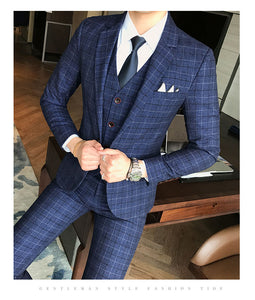 Luxury Men Suit 3 Piece Set Fashion Boutique Lattice Groom Wedding Dress Men's Tuxedo Men Banquet Club Dress