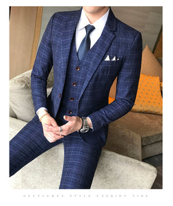 Luxury Men Suit 3 Piece Set Fashion Boutique Lattice Groom Wedding Dress Men's Tuxedo Men Banquet Club Dress