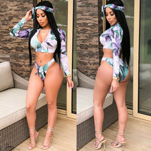 Load image into Gallery viewer, 3 Pieces Bandage Floral Bikini Set Long Sleeves Zipper