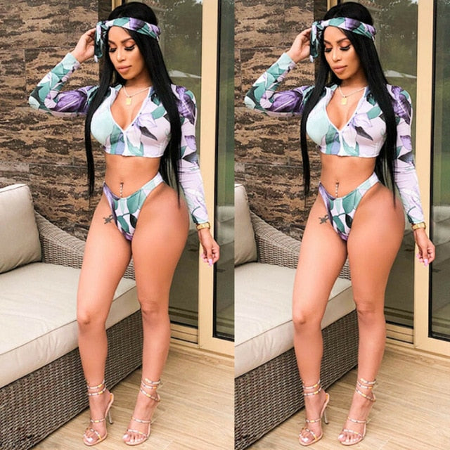 3 Pieces Bandage Floral Bikini Set Long Sleeves Zipper