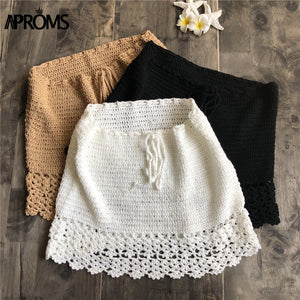 Aproms Elegant Handmade Cotton Crochet Mini Skirts Women Summer High Waist Bow Tie Skirt Ladies Beach Bikini Bottoms