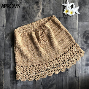 Aproms Elegant Handmade Cotton Crochet Mini Skirts Women Summer High Waist Bow Tie Skirt Ladies Beach Bikini Bottoms