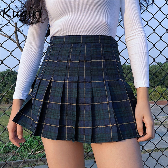 Pink Women Skirt Sexy plaid Pleated Skirts Fashion Mini Skirt Side Button High Waist Casual